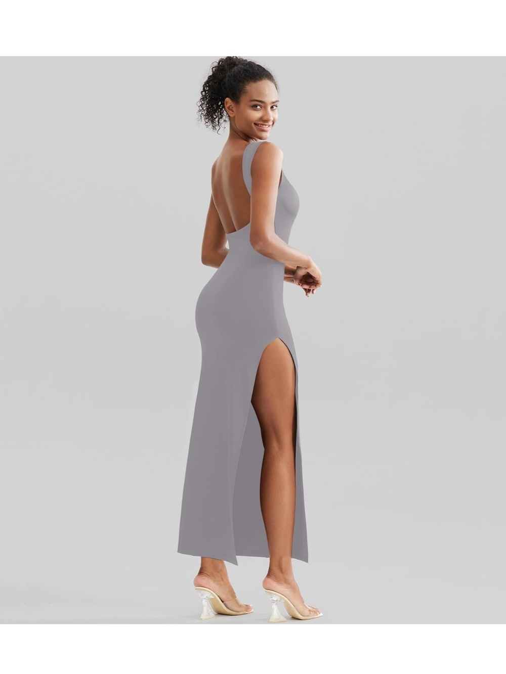 Sleeveless Backless Side-Slit Maxi Dress in Light Gray